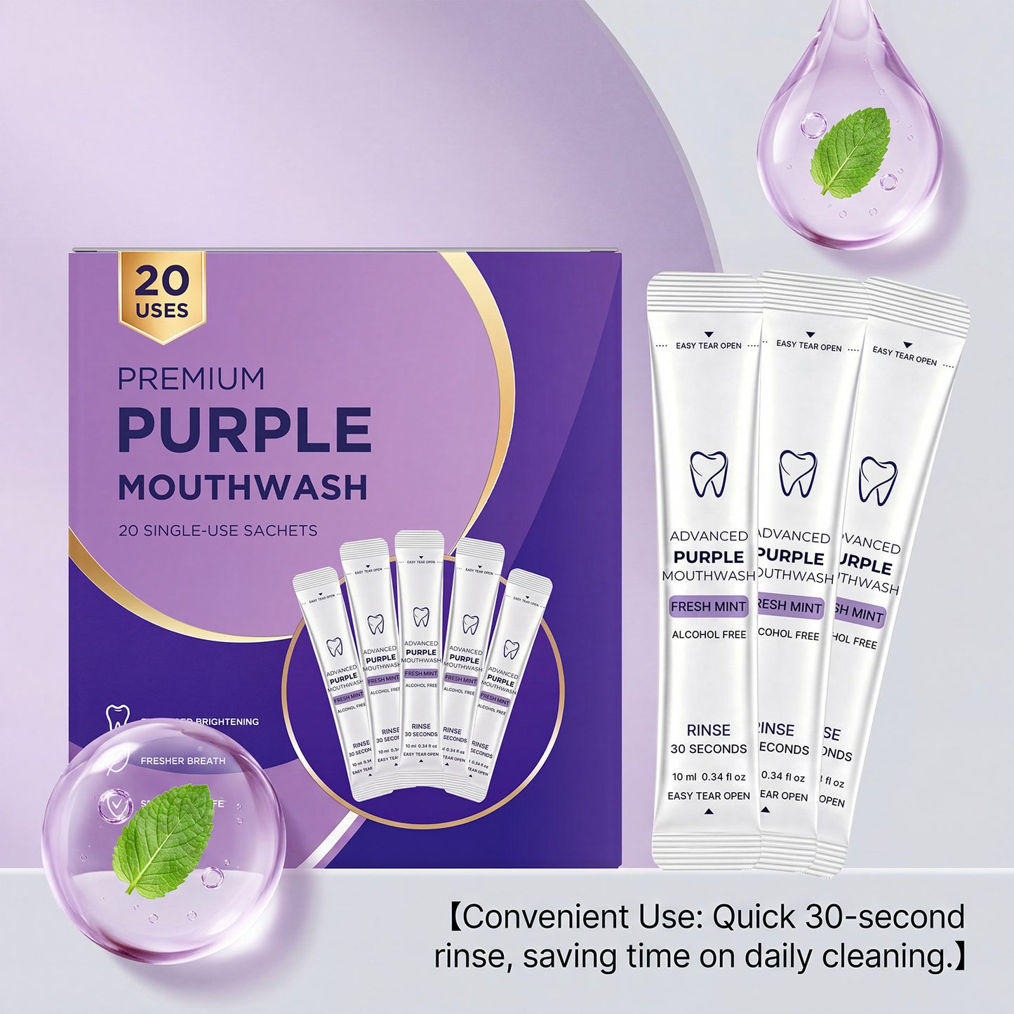 Purple Mouthwash Sachets for Brighter Smile & Fresh Breath