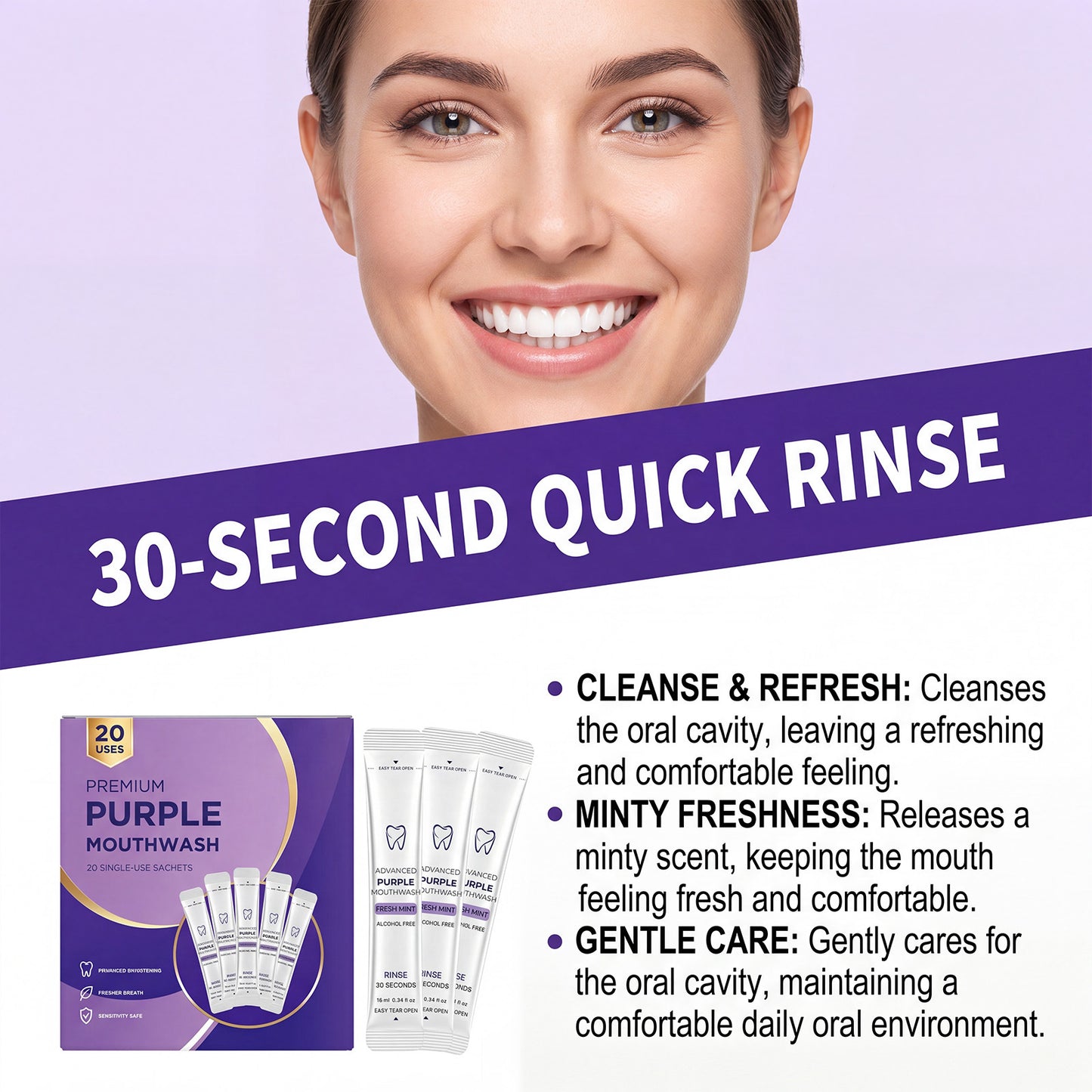 Purple Mouthwash Sachets for Brighter Smile & Fresh Breath