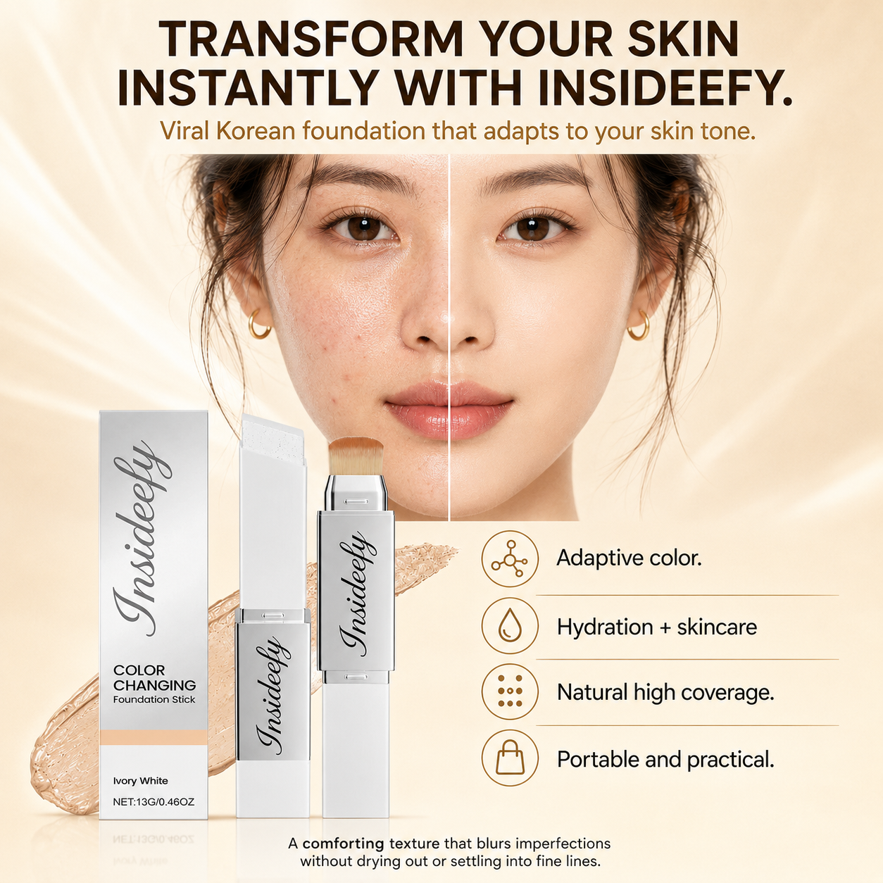 Color-Changing Foundation Stick with Built-In Brush – Smooth Natural Finish