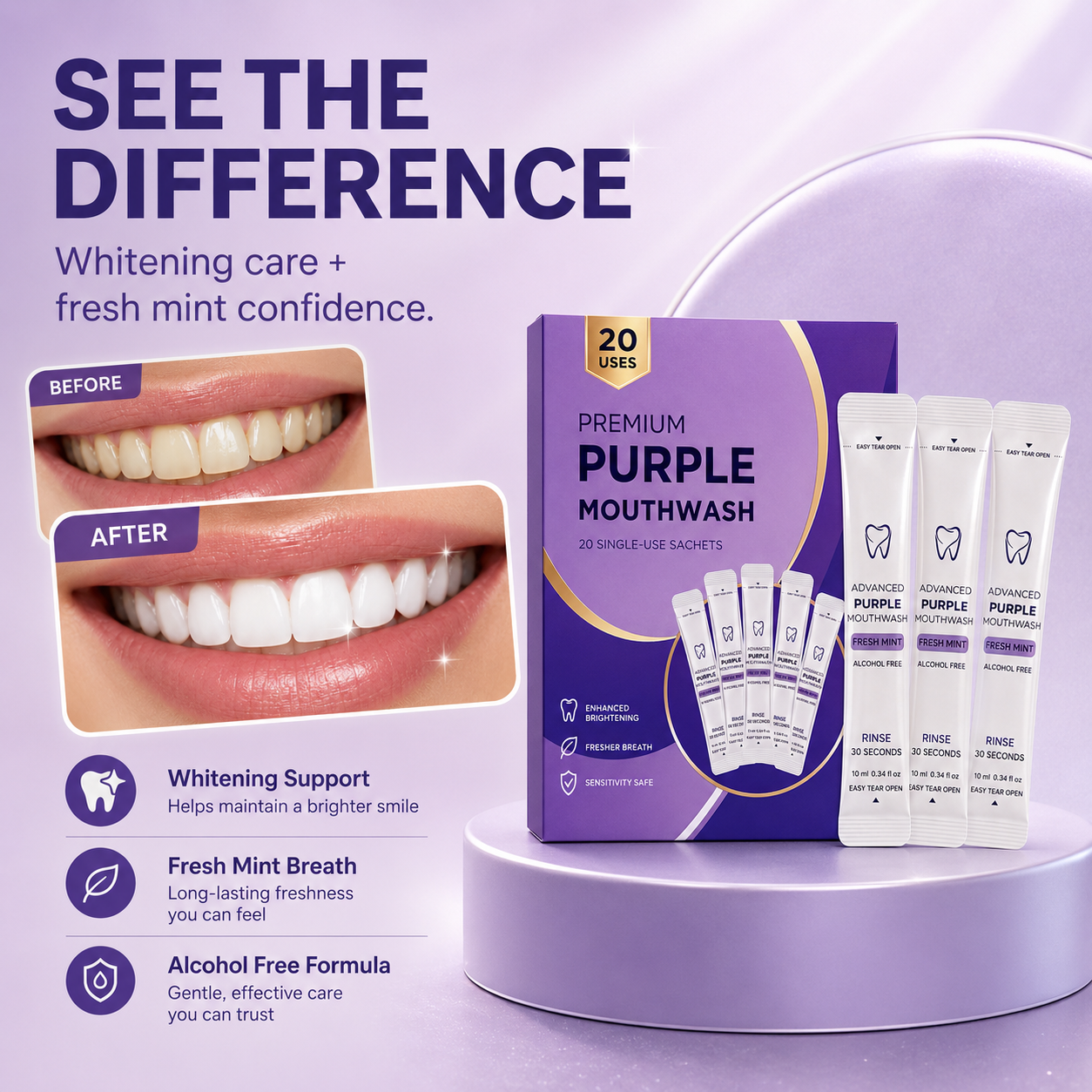 Purple Mouthwash Sachets for Brighter Smile & Fresh Breath