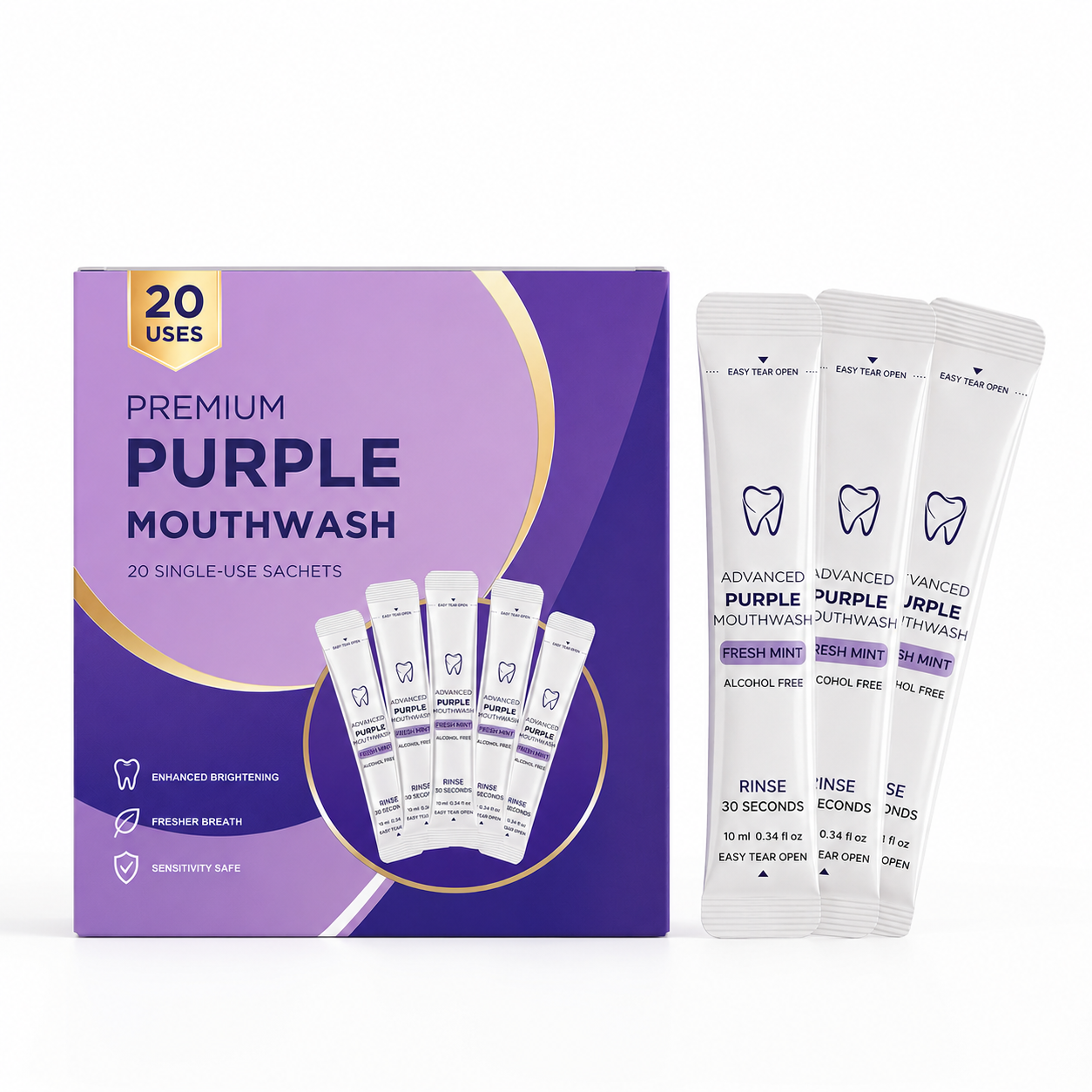 Purple Mouthwash Sachets for Brighter Smile & Fresh Breath