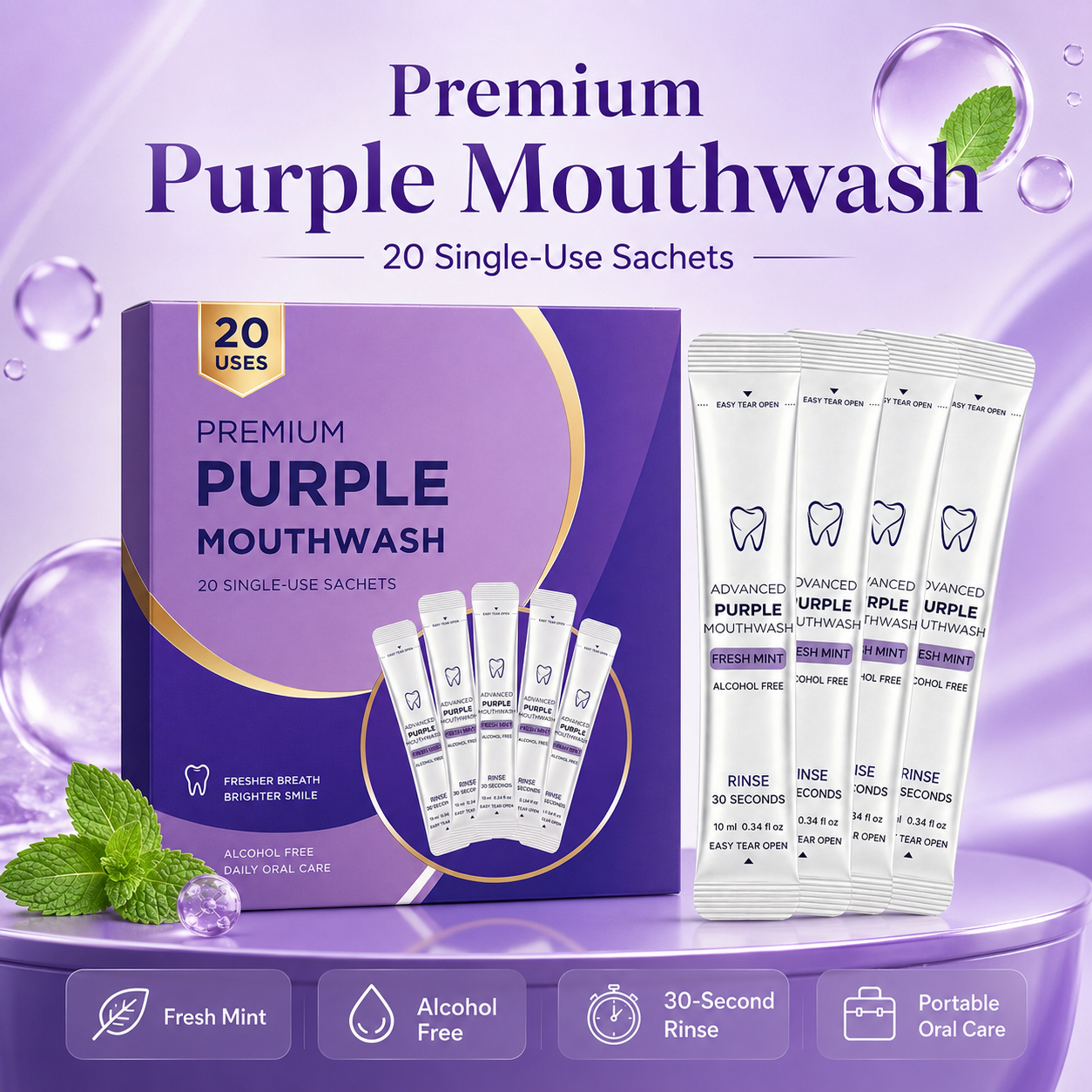 Purple Mouthwash Sachets for Brighter Smile & Fresh Breath